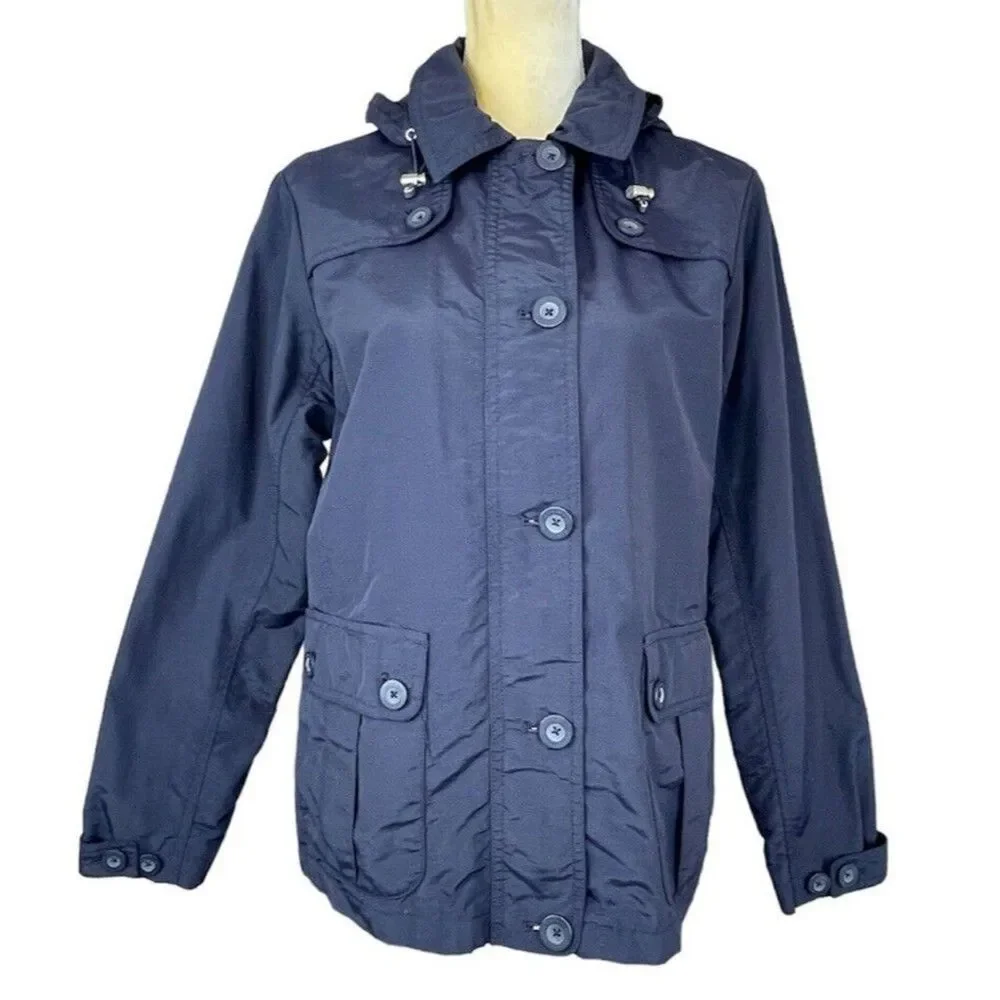 Lands’ End Women’s Hooded Rain Windbreaker Jacket Coat Small S 6-8 Navy Nylon